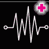 Five horizontal of pink and white ECG-like waveforms with pink plus signs on black background, each showing distinct waveform patterns