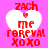 Red pixelated text on a pink background with white heart shapes containing 'ZACH me FOREVA! XOXO' in four identical