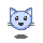 Pixelated blue cat head with black eyes, pink cheeks, and gray whiskers; two versions show mouth shape differences.