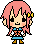 Pixel art contact sheet of four frames showing a pink-haired anime-style character with yellow hair clips, blue dress, and brown boots in different poses against gray background.