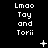 Black background with white pixelated text "Lmao Tay and Torii" repeated in three , featuring small animated symbols between