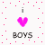 Pixelated icon with pink heart symbol, gray 'i' above it, and black 'BOYS' text below on white background with scattered pink dots.