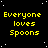 Yellow text 'Everyone loves Spoons' repeated across a black background with white dots, arranged in three of four each