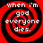 Four identical red and black spiral patterns with white text reading 'when i'm god everyone dies.'