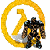 A pixelated character in dark armor stands before a large yellow circular symbol on white background, with green text 'Original Icons .com' on dark green