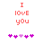 Pixelated text 'I LOVE YOU' in coral pink above five purple and light purple heart icons on white background.