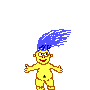 Yellow cartoon character with blue spiky hair, brown outline, and red mouth in four pixelated poses with arms extended left or right.