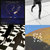 A static image divided into four quadrants showing a dark blue night sky with stars, a white background with a black curved line, a black-and-white abstract pattern, and a landscape with blue sky and brown ground.