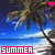 Pixelated beach scene with palm trees, blue sky, and ocean; pink heart icon on left side transitions to cyan heart icon on right side.