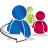 Pixelated icon with three rounded figures: blue figure in front, green figure behind and to the right, red figure to the far right, all on gray background.