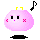 Pixelated pink blob with yellow crown, black eyes, and red cross cheeks; two musical notes float above it against gray background.