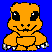 Pixelated orange creature with black eyes and mouth, white claws on feet, blue background in top-left view.