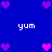 Blue background with scattered purple and pink heart icons and white 'yum' text in four corners.