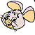 Pixelated cartoon fish icon with yellow fins, green and purple outlines, white body, black eyes, and a small tail fin on a transparent background.