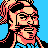 Pixelated 48x48 static buddy icon featuring a character with black hair, glasses, and pinkish-red facial features against a solid blue background.