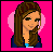 Pixel art contact sheet of an animated AIM buddy icon showing a character's face, torso, and legs across frames with heart-shaped text overlays on pink background.