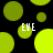 Black background with scattered green and yellow circles; four instances of the text "EVE" in white pixelated font appear among the shapes.