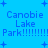 Blue background with pixelated text and plus signs, displaying 'Canobie Lake Park' variations in multiple