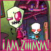 Animated sequence of a green-skinned cartoon character with large pink eyes and red glasses, standing next to a smaller white character in a blue outfit against a dark background.