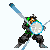 Pixel art character in black and green armor performing a sequence of combat actions with a large blue energy shield and sword.