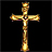 Static pixelated cross with golden-brown tones on black background, rendered in low-resolution digital style.