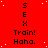 Red background with white dots, four of 'SEX' text above 'Train! Haha.' repeated three times in black pixelated font