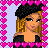 Pixel art contact sheet showing a 2x2 grid of animated frames featuring a cartoon woman with blonde hair and black beret, surrounded by pink heart border on light purple background.