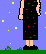 Pixelated avatar with dark blue curly hair, red lips, and black dress with red dots against purple starry background.