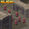 Pixel art scene showing multiple red-and-purple armored figures on stone platforms with a 'Klick!' text overlay in orange-yellow gradient.