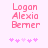 Pixelated pink text 'Logan Alexia Bemer' on light pink background with five pink asterisks below, two versions differ in asterisk spacing.