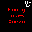 Pixelated red text on black background with white heart symbol above, displaying 'Mandy Loves Raven' in two identical vertical