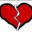 A red broken heart icon with white crack lines on a white background, paired with red pixelated text on black backgrounds.
