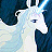 Pixelated static image of a white unicorn head with blue accents against dark blue background, rendered in low-resolution 48x48 pixels with visible dithering and anti-aliasing.