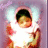 Pixelated static image of a person with dark hair wearing white clothing, holding two red objects against a purple background.