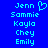 Blue background displays two identical vertical name lists with cyan pixelated text; left list includes a heart symbol next to 'Jenn' while right list does not.