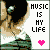 Pixelated image of a person with dark hair holding a green microphone, next to text reading "MUSIC IS MY LIFE" and a pink heart symbol.