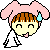 A 4-frame pixel art contact sheet of a cartoon character with pink bunny ears, brown hair, and blue teardrop on cheek in various poses against gray background.