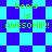Pixelated green text 'Denis is AWESOME!!!' repeated over blue and cyan checkered background with diamond pattern.