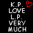 Black background with white pixelated text reading 'K.P. LOVE L.P. VERY MUCH' and a red heart symbol above the first line.