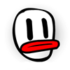 identical cartoon faces with black oval eyes and red lips, one face in the bottom-right corner has closed eyes