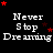 Black background with white text 'Never Stop Dreaming' repeated in a , red stars scattered around, and a gray square in the bottom-right corner