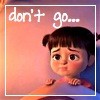 A pixelated cartoon character with dark hair in pigtails, wearing a pink top, with hands on a surface, under text reading 'don't go...' in white script.