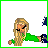 Pixelated character with long blonde hair in green top, blue eyes, and dark blue wrist accessory, shown in multiple poses with green text overlay.