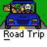 Animated pixel art contact sheet showing a blue car with two cartoon dogs on a road trip, each frame depicting slight variations in the dogs' poses and expressions against a green background.