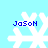 Four identical pixelated snowflakes with blue text 'JaSoN' on a light blue background, each in separate positions