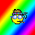 Pixelated yellow face with blue glasses, brown hat, and cigarette in mouth against rainbow gradient background.
