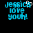 Pixelated cyan text on black background reads "jessica love youh!" with a white heart symbol above the 'a' in "jessica" in the first frame.