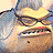 Pixelated image of a character with glasses, yellow hair, and a brown outfit holding a keyboard with visible keys.
