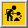 Four pixelated black figures on yellow backgrounds within gray-bordered squares, each showing distinct actions with tools and scattered fragments.