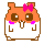 Pixel art hamster with orange head, white body, pink bow, and brown accents in two poses showing mouth and eye changes.